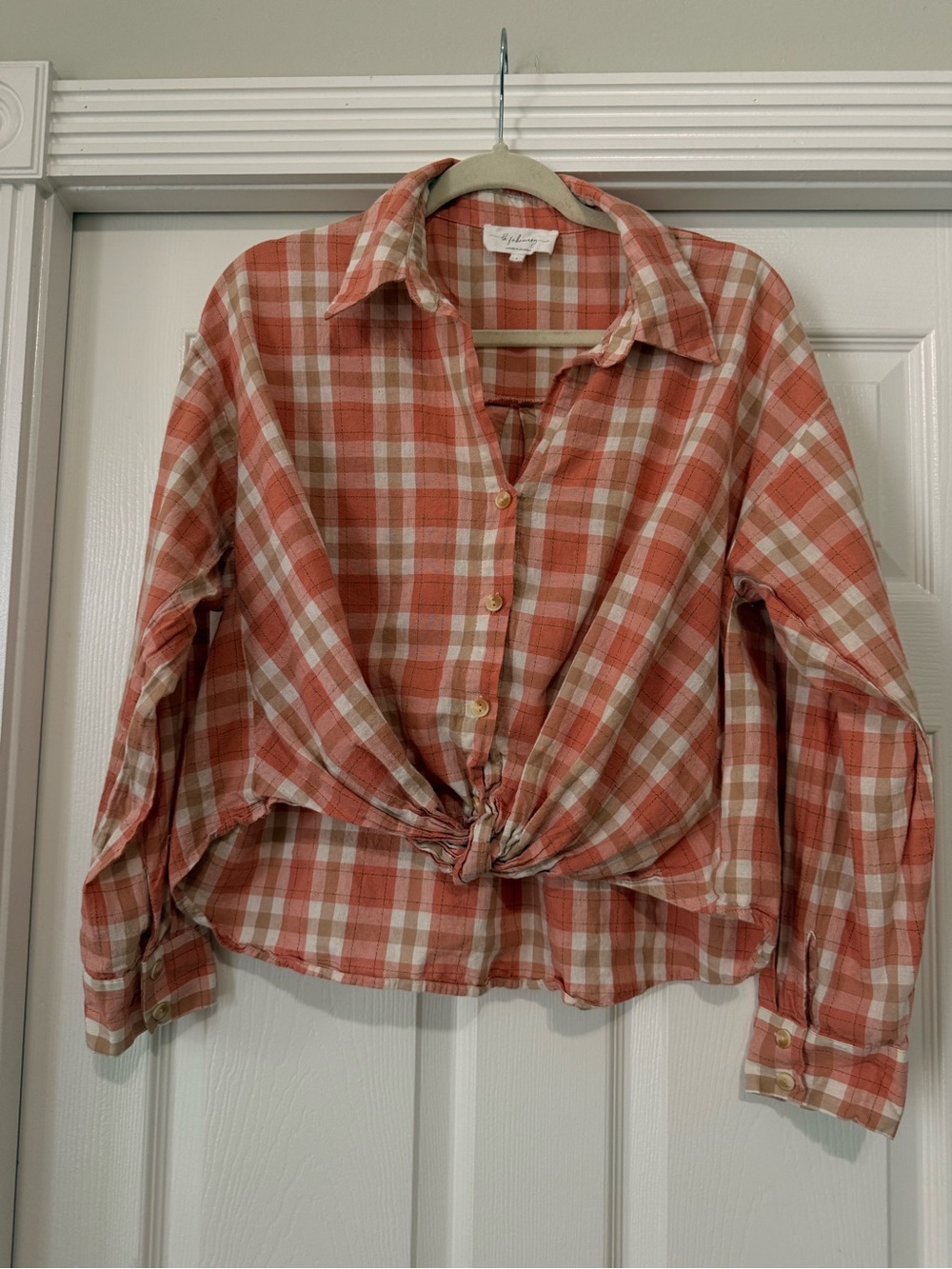 Button-Front Plaid Tie-Front Shirt in Rust & Cream. Brand In February